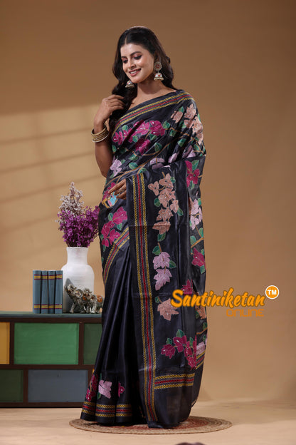 Pure Gachi Dye Tussar Silk Kantha Stitch Saree