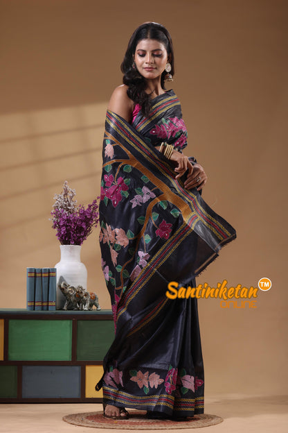 Pure Gachi Dye Tussar Silk Kantha Stitch Saree