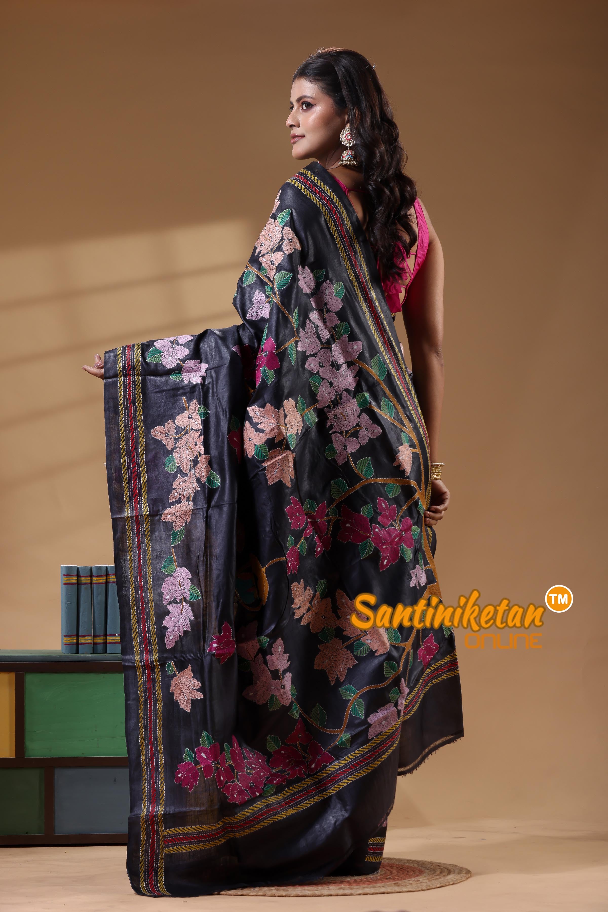 Pure Gachi Dye Tussar Silk Kantha Stitch Saree