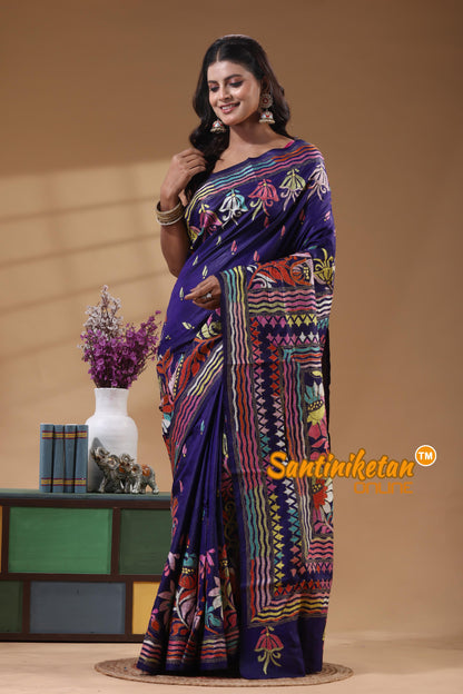 Pure Bangalore Silk Kantha Stitch Saree