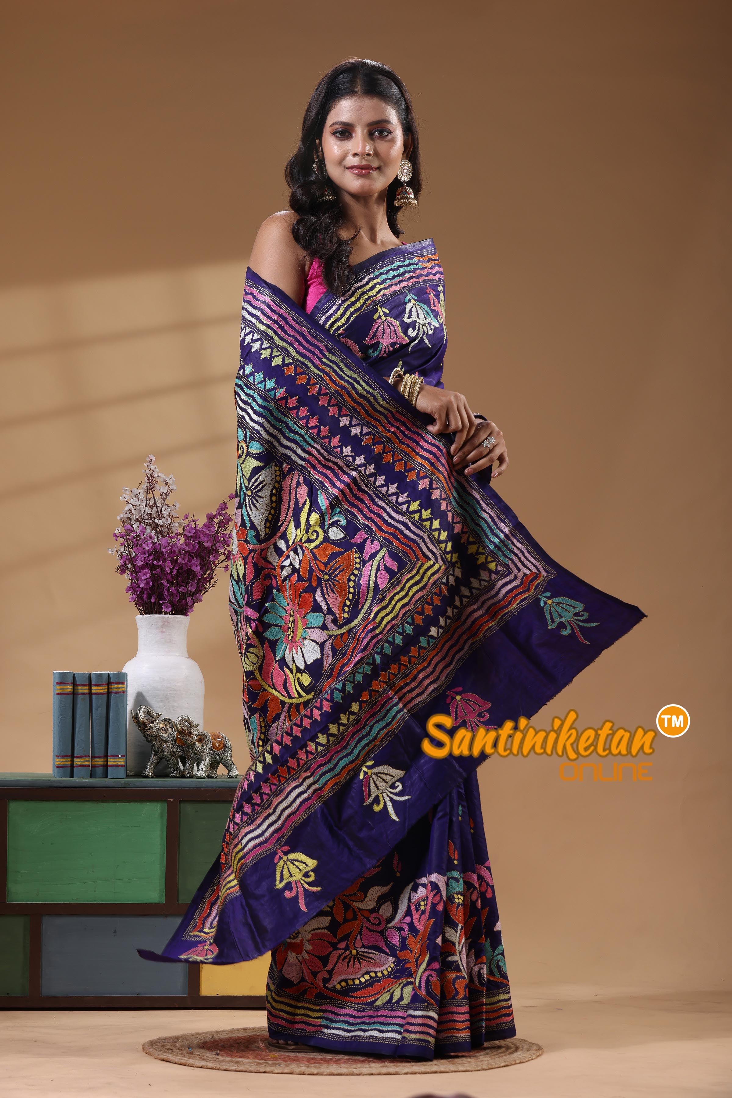 Pure Bangalore Silk Kantha Stitch Saree