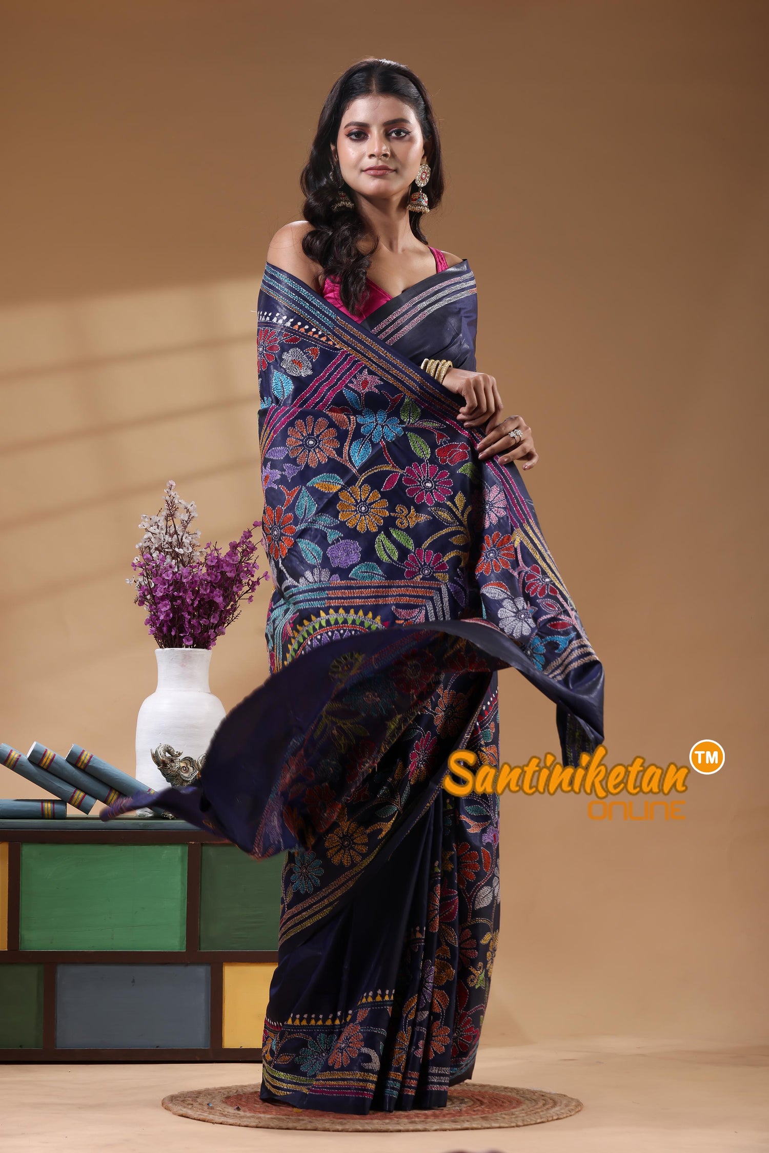 Bangalore Silk Kantha Stitch Saree
