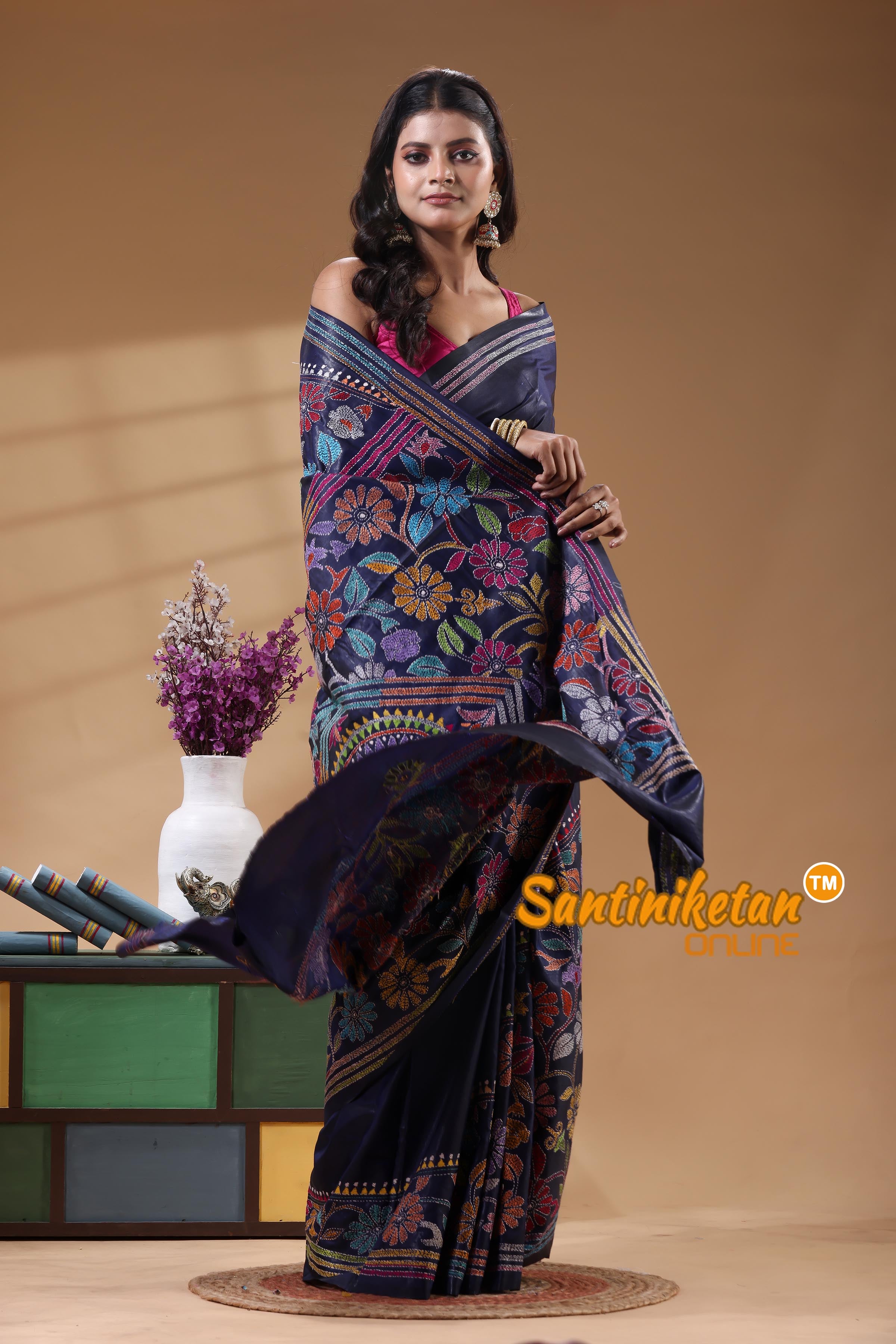 Bangalore Silk Kantha Stitch Saree