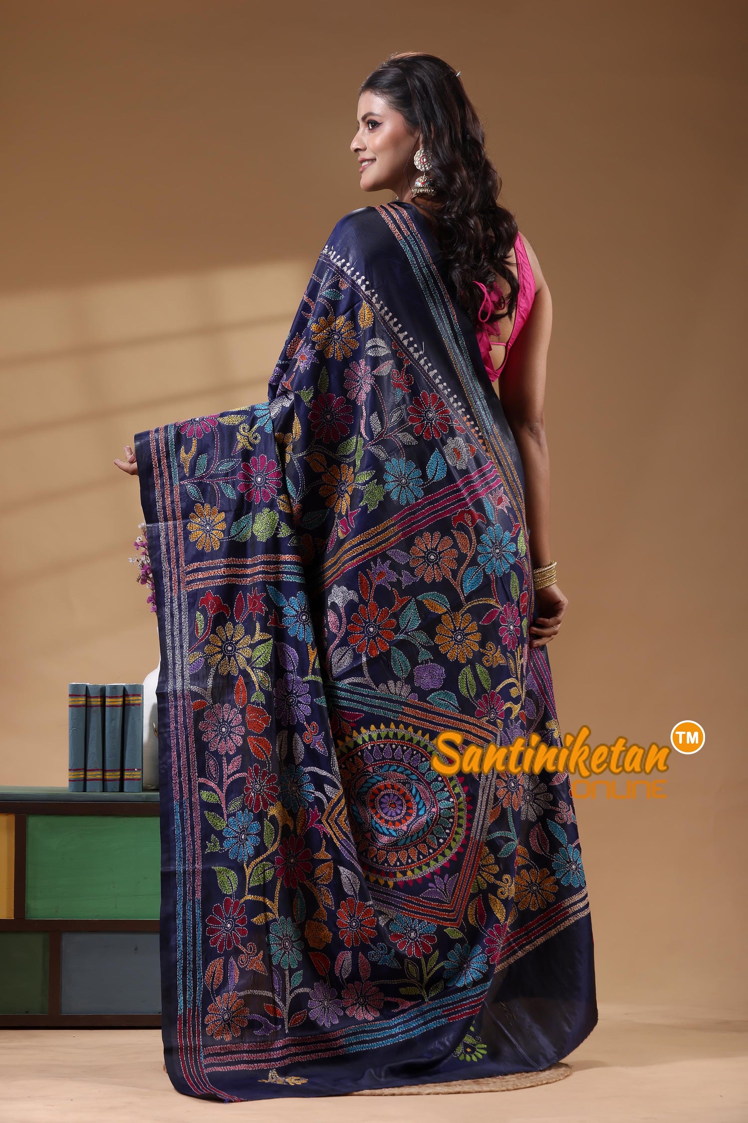 Bangalore Silk Kantha Stitch Saree