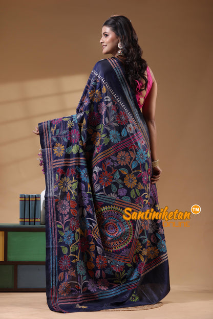 Bangalore Silk Kantha Stitch Saree