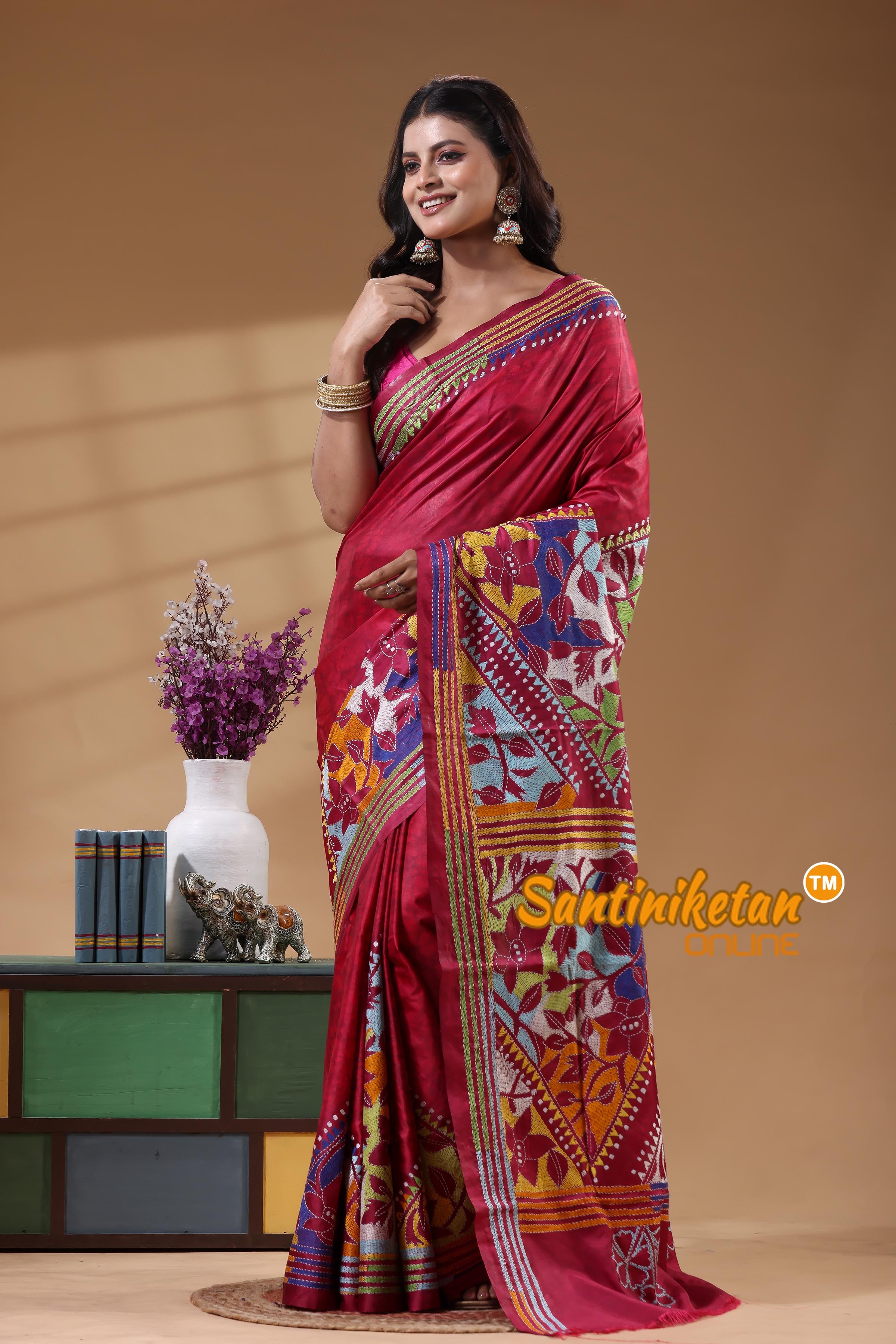Bangalore Silk Batik Kantha Stitch Saree