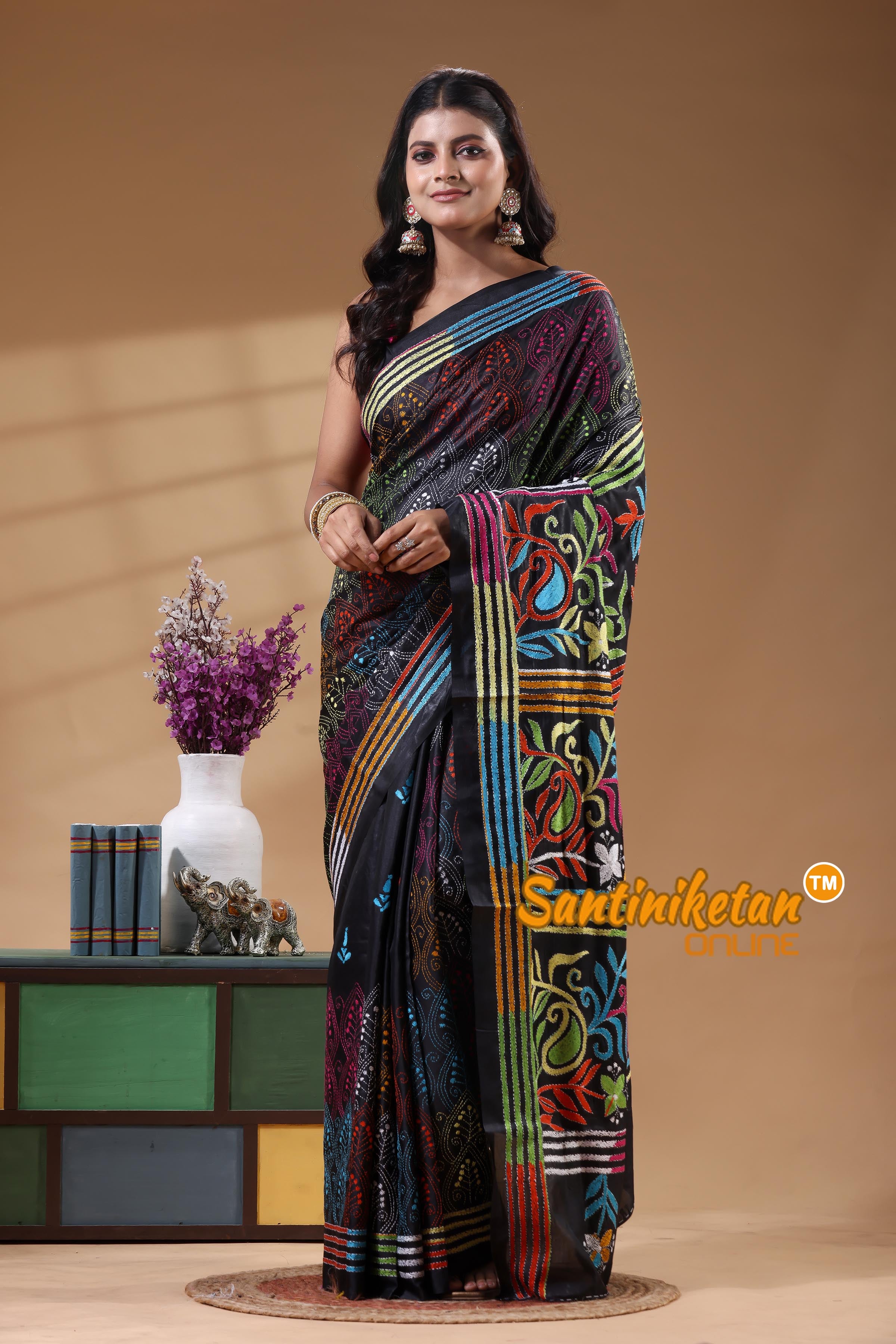 Bangalore Silk Kantha Stitch Saree