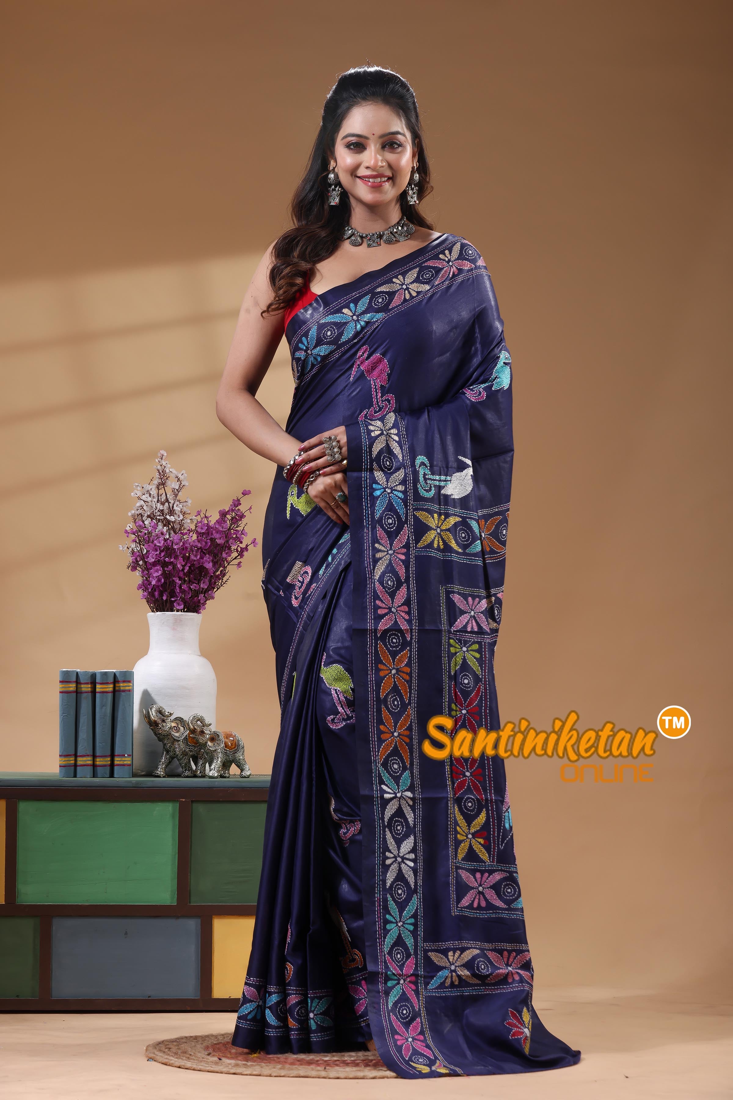 Bangalore Silk Kantha Stitch Saree