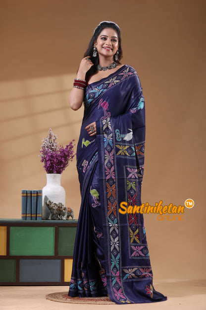Bangalore Silk Kantha Stitch Saree