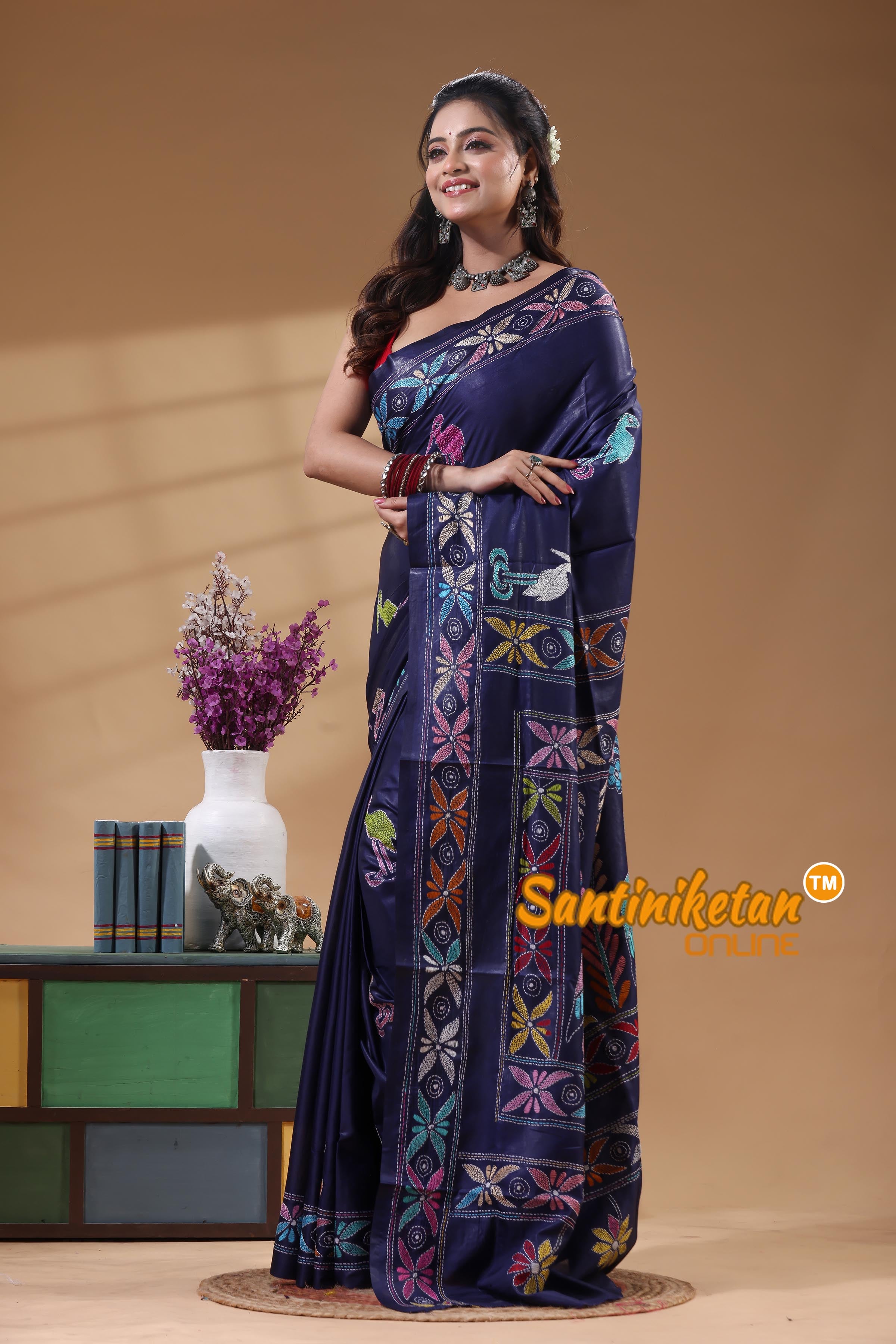 Bangalore Silk Kantha Stitch Saree