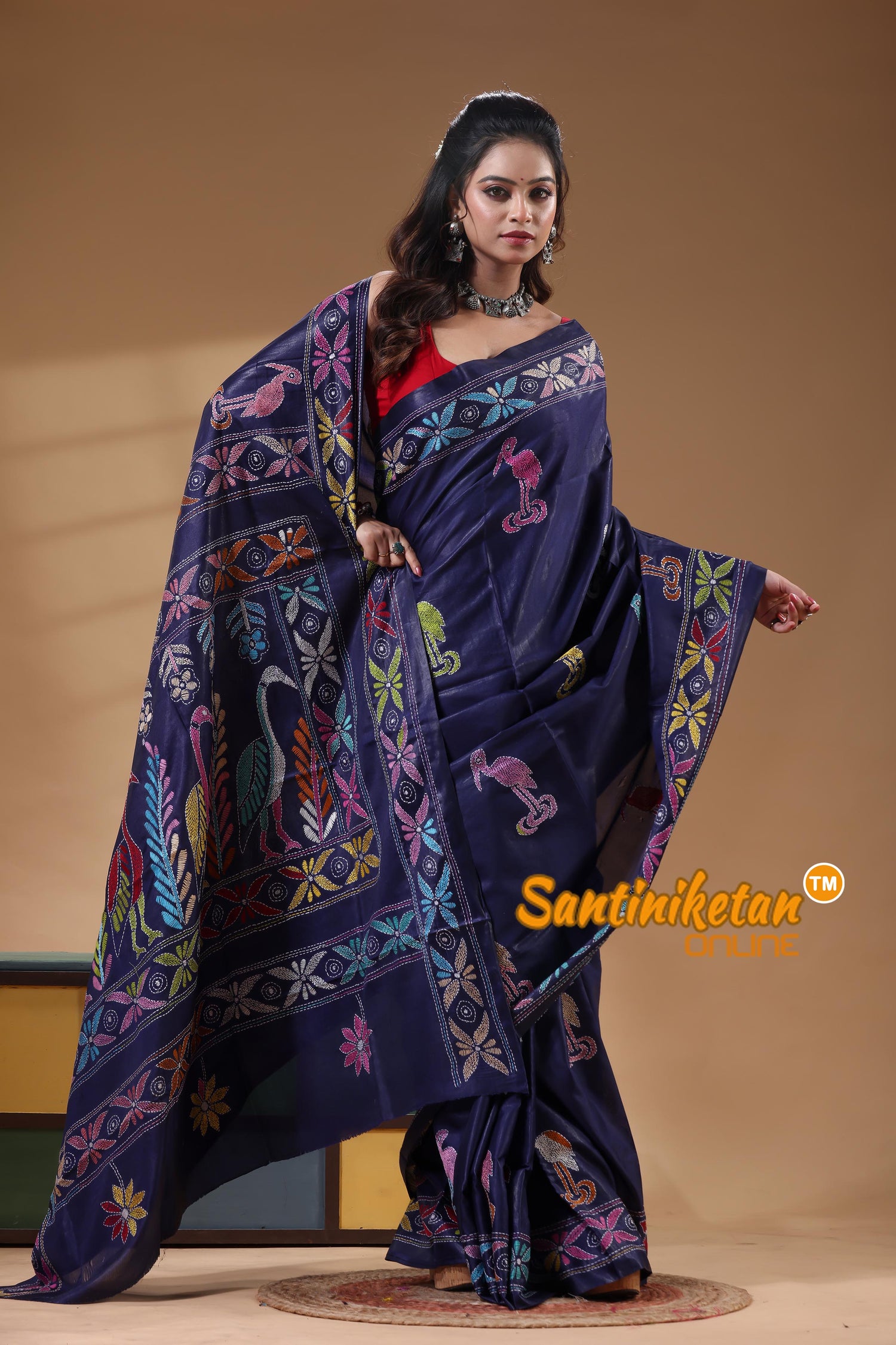 Bangalore Silk Kantha Stitch Saree