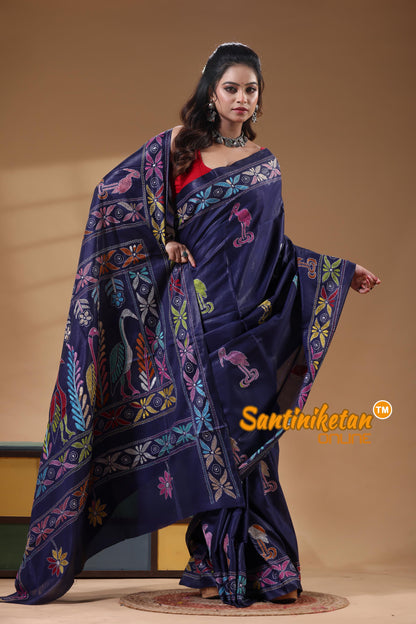 Bangalore Silk Kantha Stitch Saree