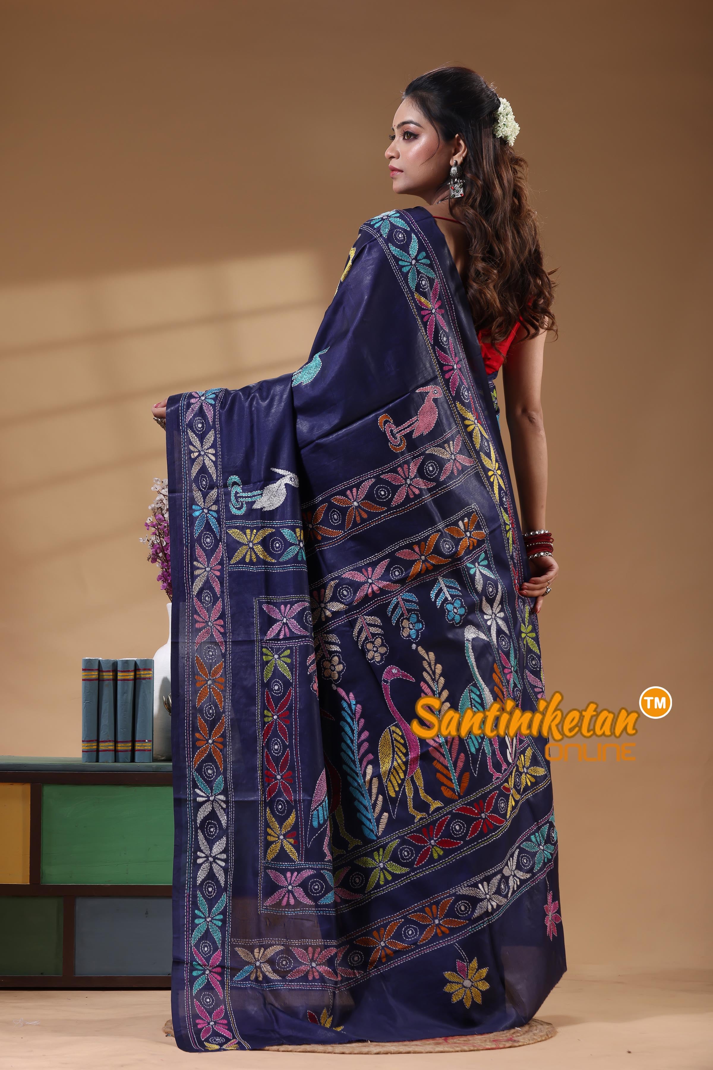 Bangalore Silk Kantha Stitch Saree