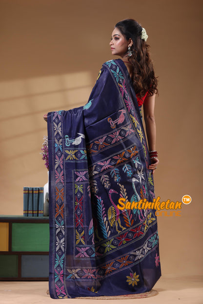 Bangalore Silk Kantha Stitch Saree