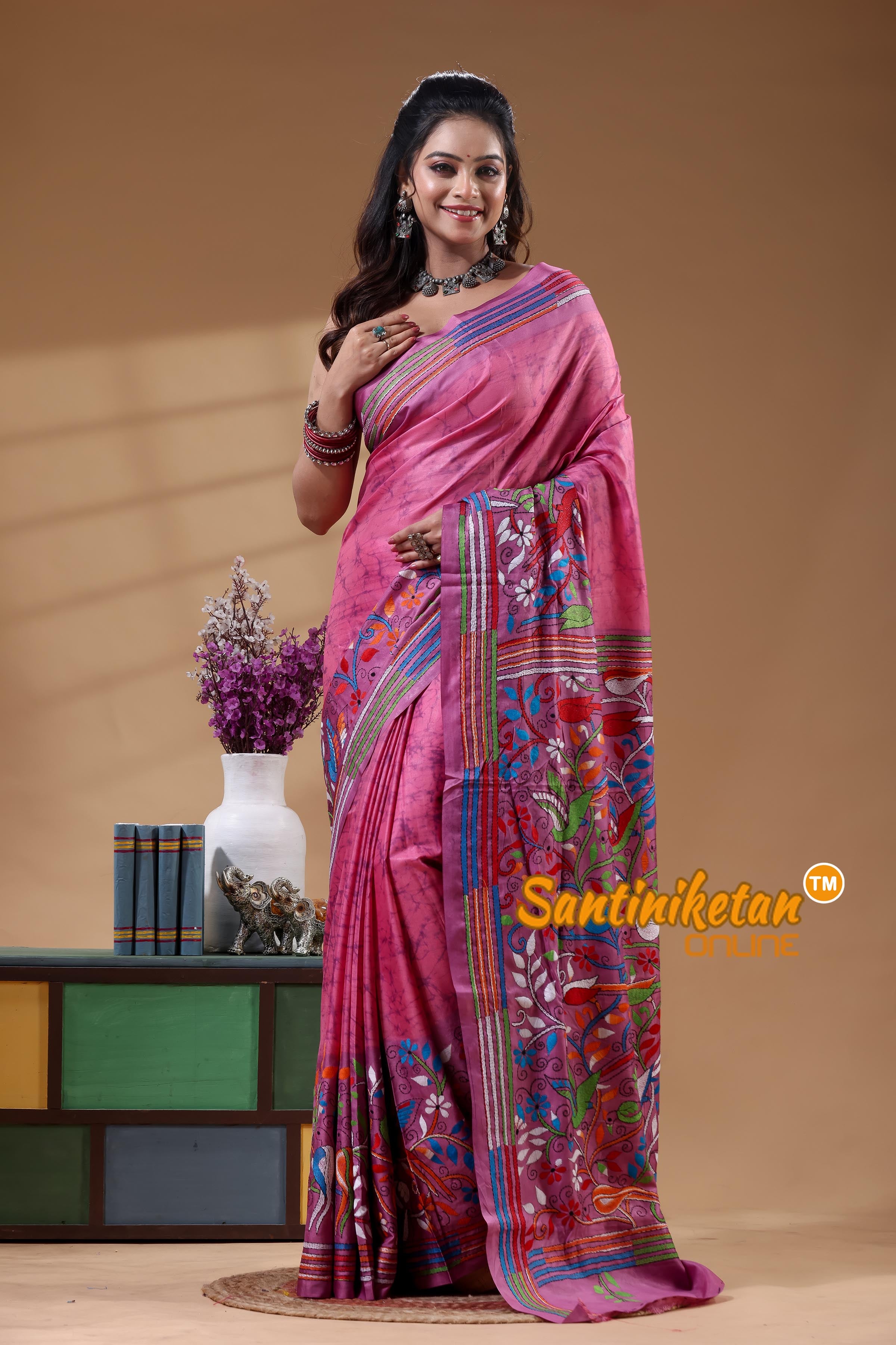Bangalore Silk Batik Kantha Stitch Saree