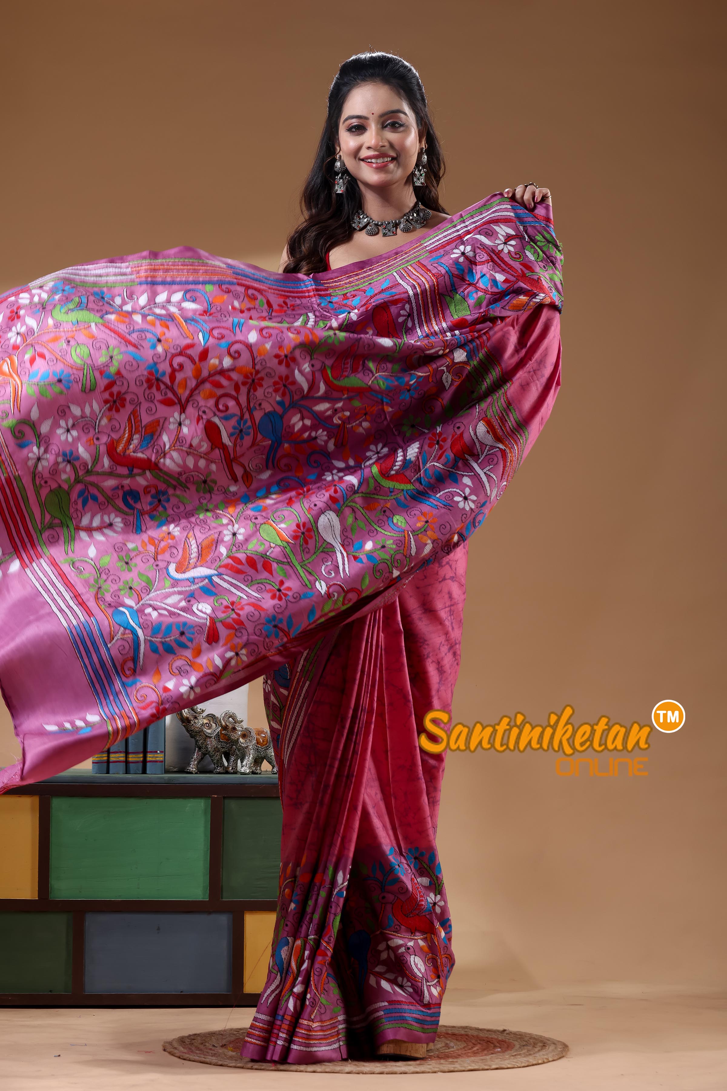 Bangalore Silk Batik Kantha Stitch Saree