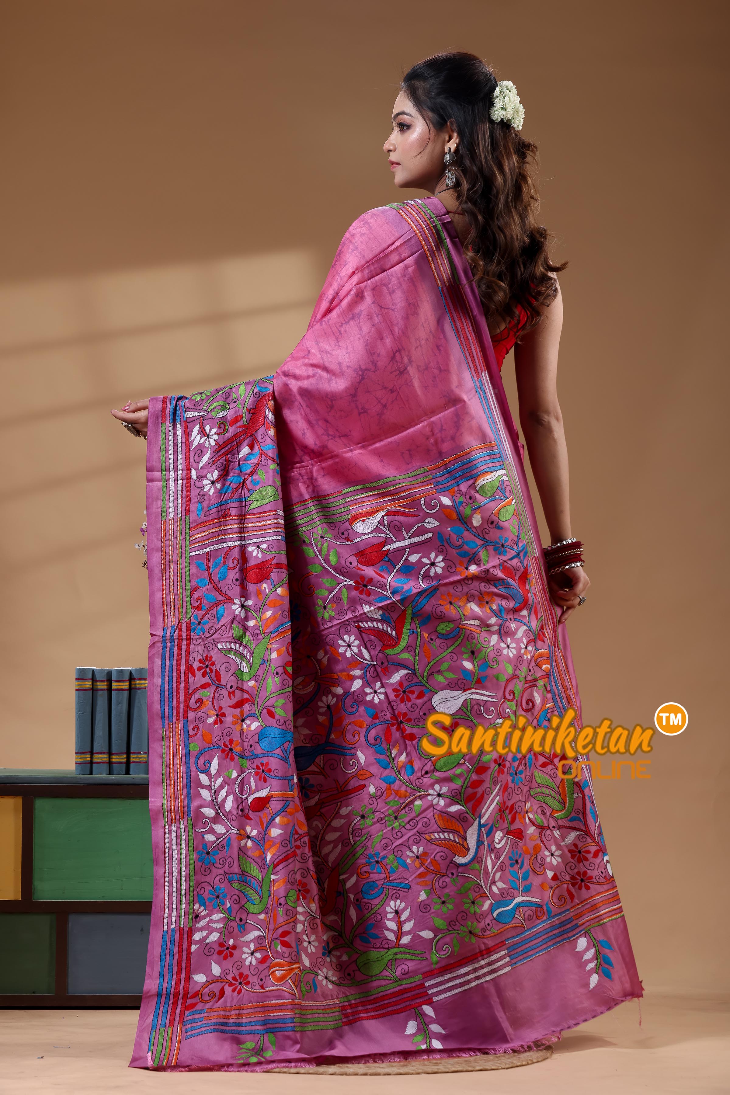 Bangalore Silk Batik Kantha Stitch Saree