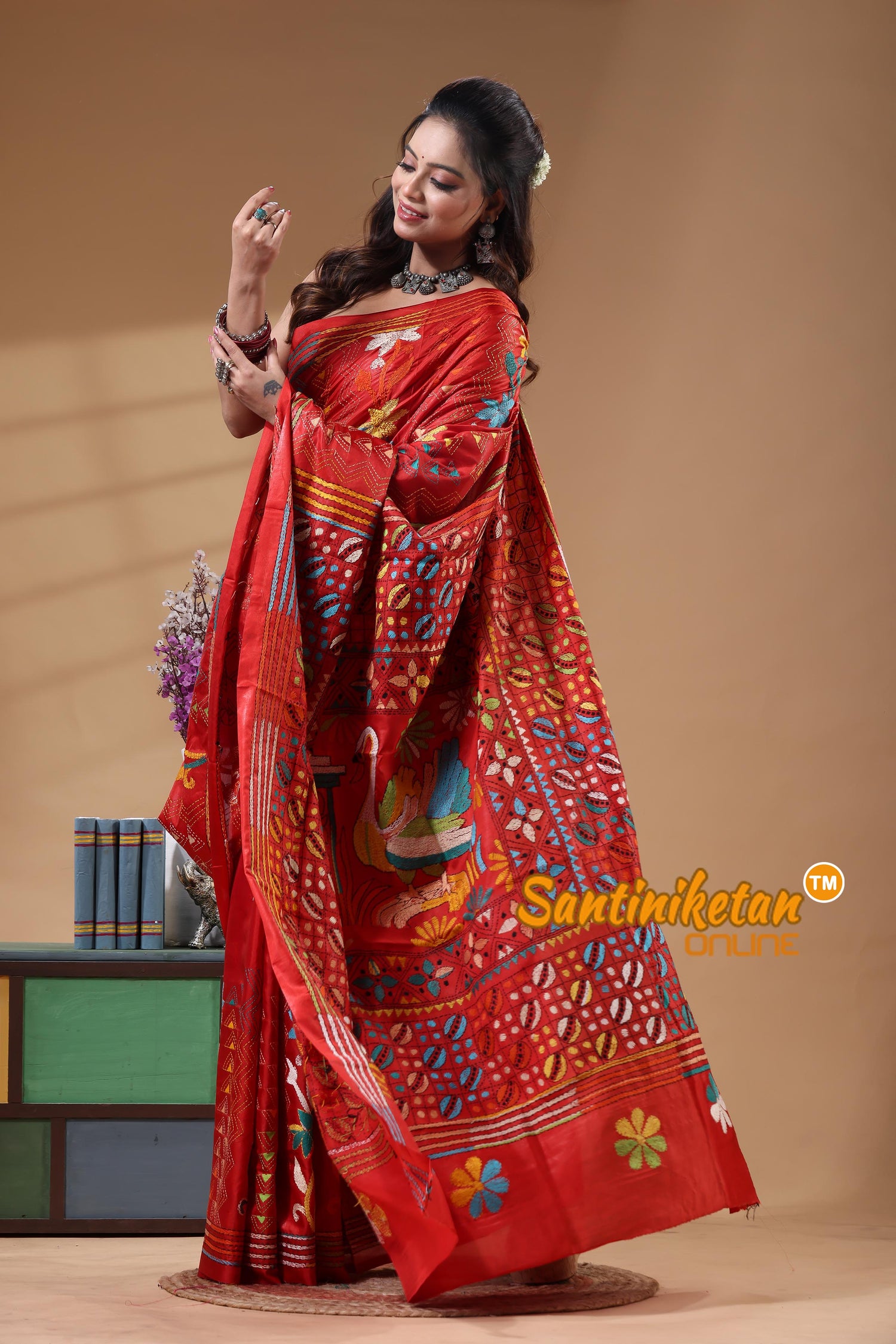 Bangalore Silk Kantha Stitch Saree