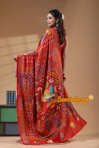 Bangalore Silk Kantha Stitch Saree