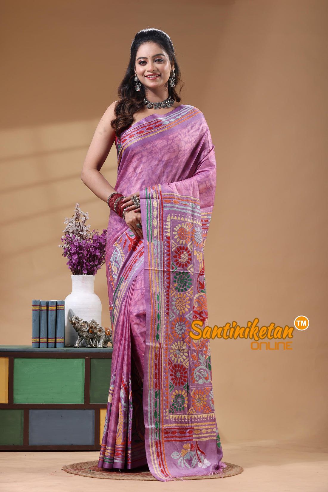 Bangalore Silk Batik Kantha Stitch Saree