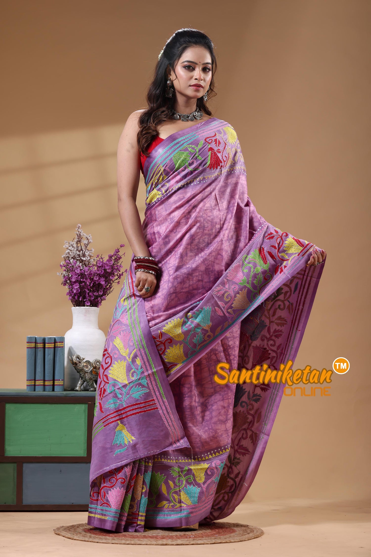 Bangalore Silk Batik Kantha Stitch Saree