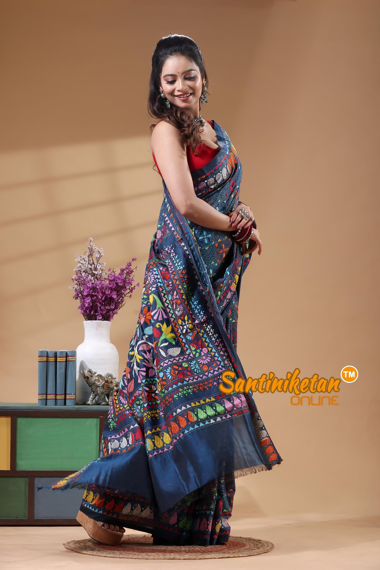 Bangalore Silk Kantha Stitch Saree