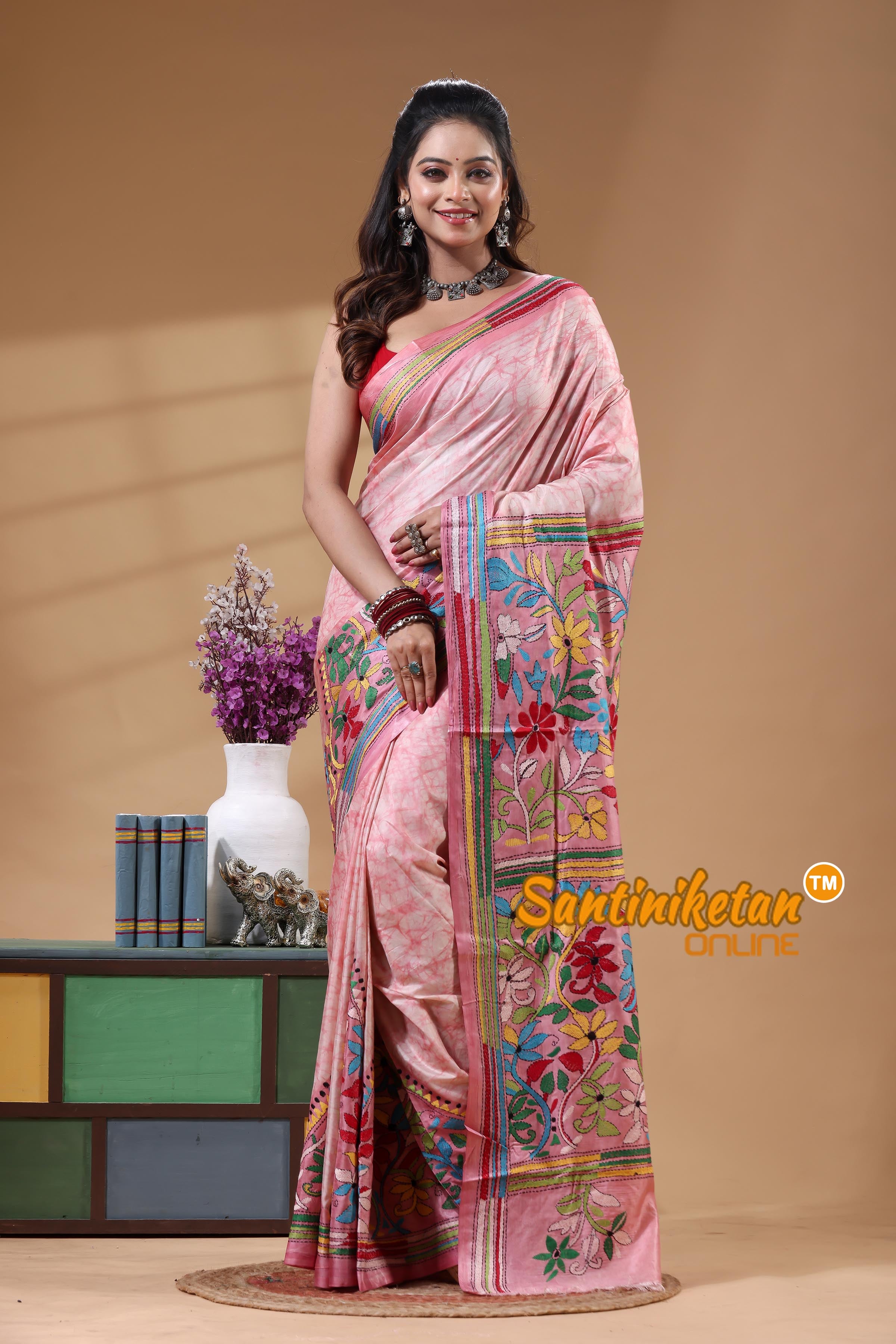 Bangalore Silk Batik Kantha Stitch Saree