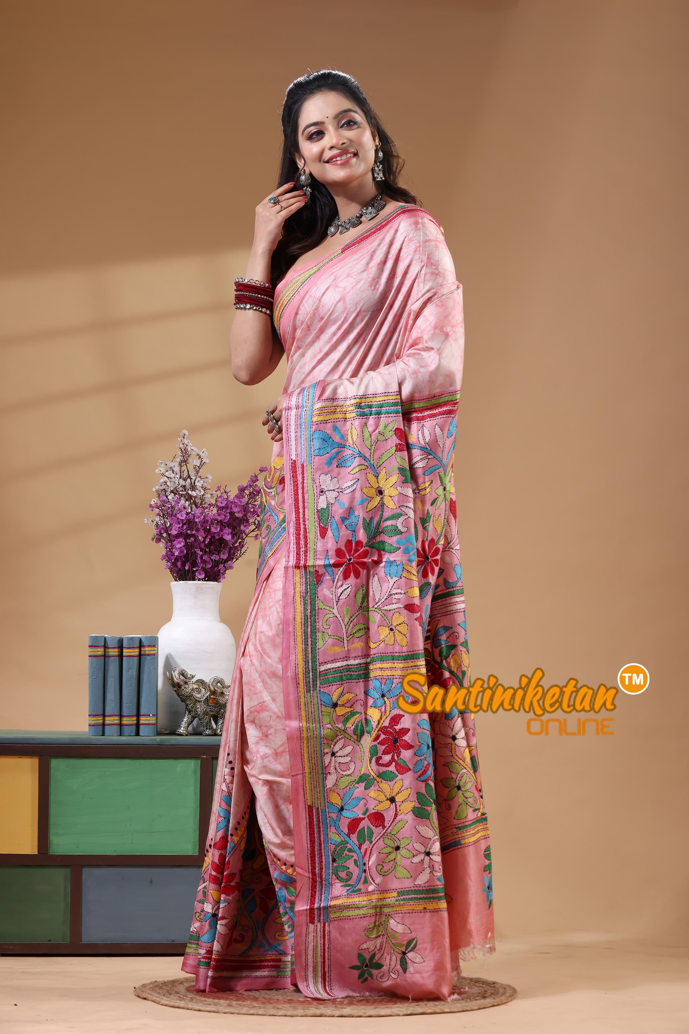 Bangalore Silk Batik Kantha Stitch Saree