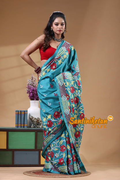 Bangalore Silk Kantha Stitch Saree