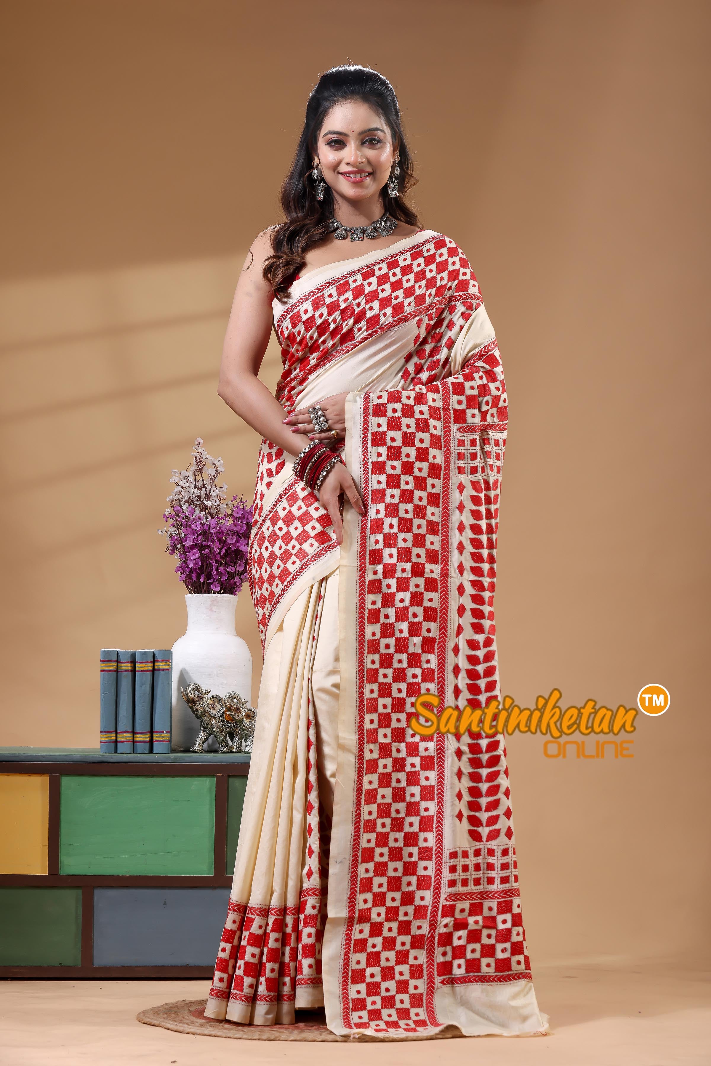 Tussar Silk Kantha Stitch Saree