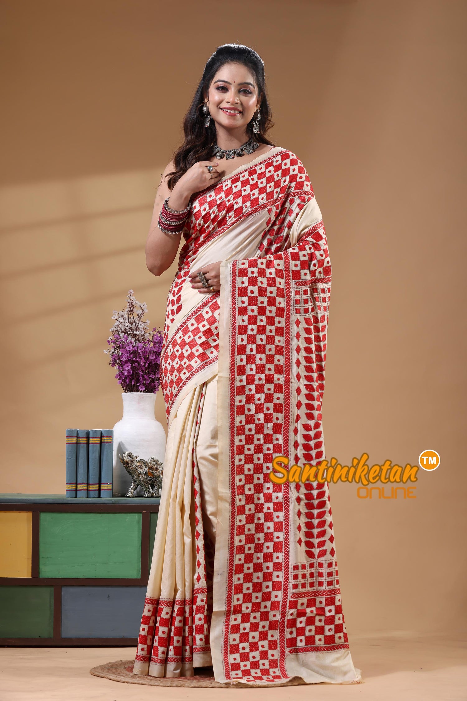 Tussar Silk Kantha Stitch Saree