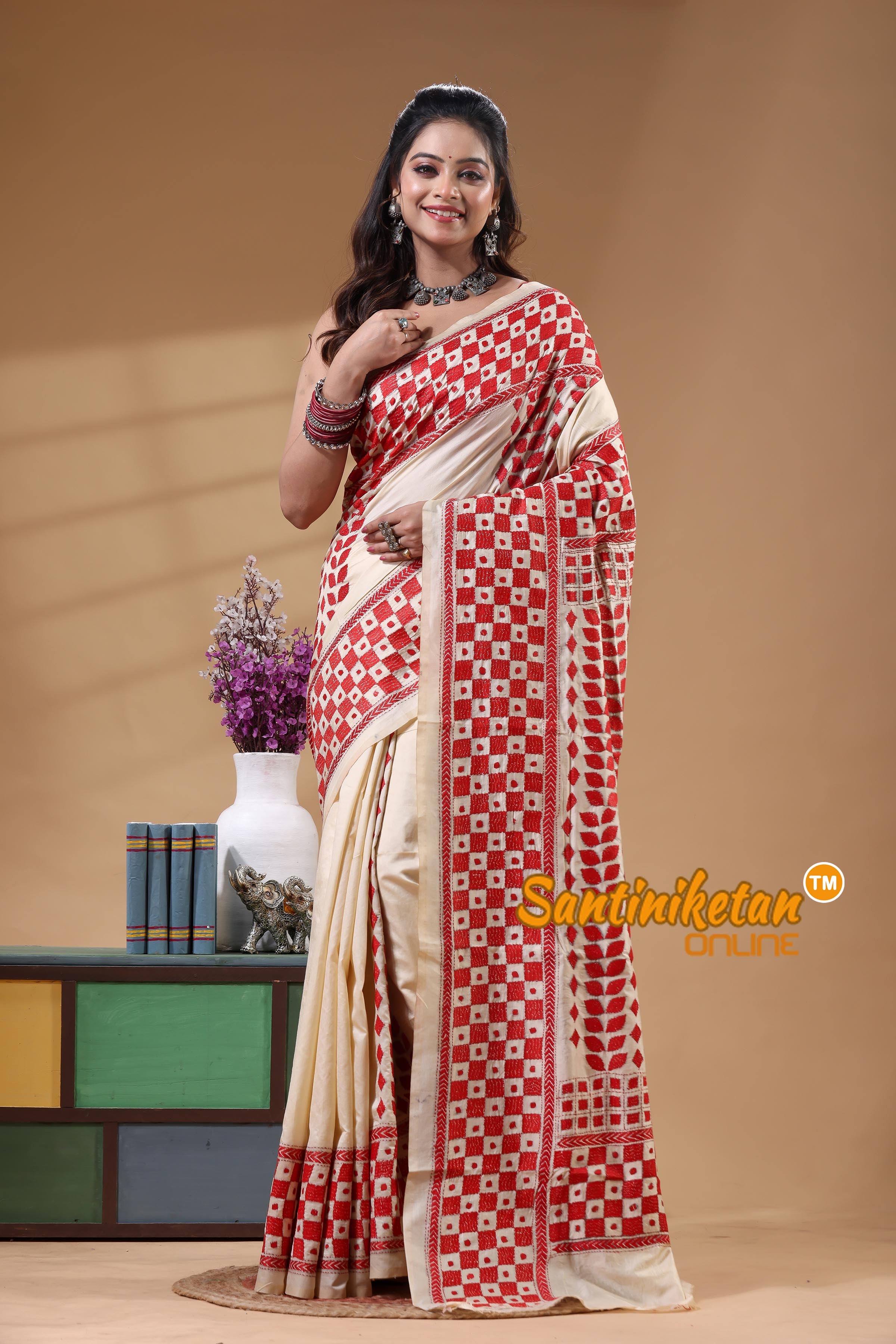 Tussar Silk Kantha Stitch Saree