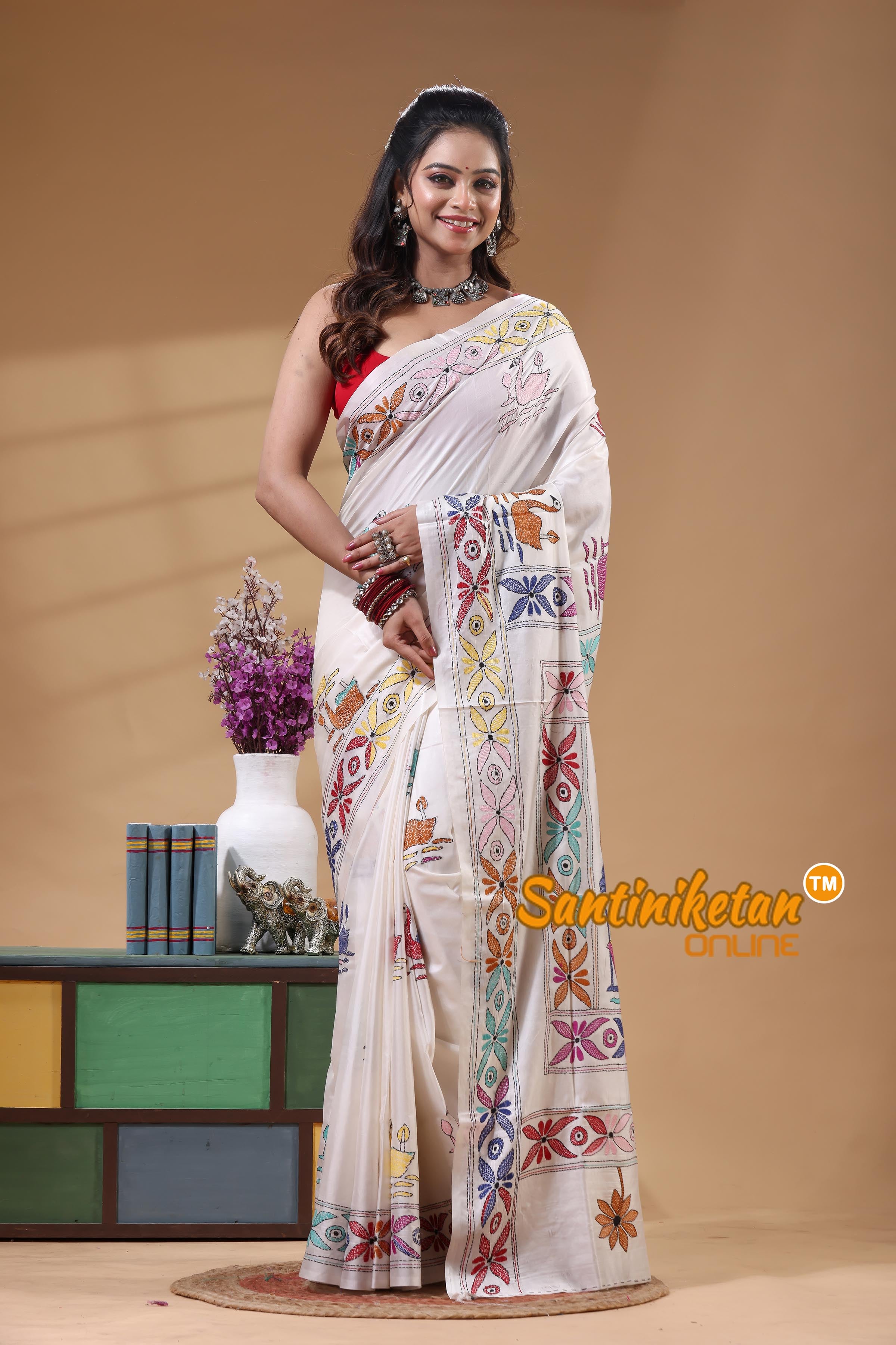 Bangalore Silk Kantha Stitch Saree