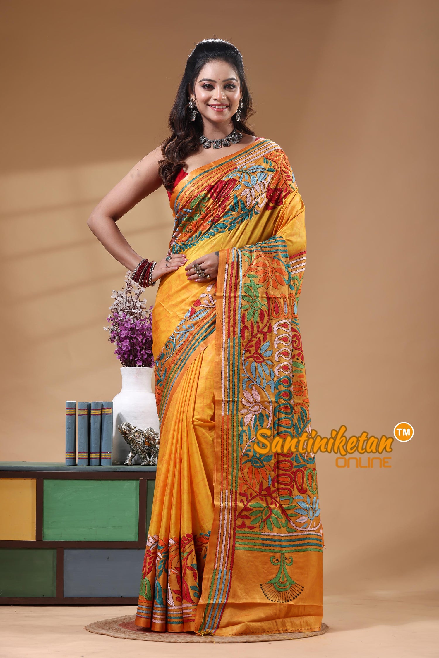 Bangalore Silk Batik Kantha Stitch Saree