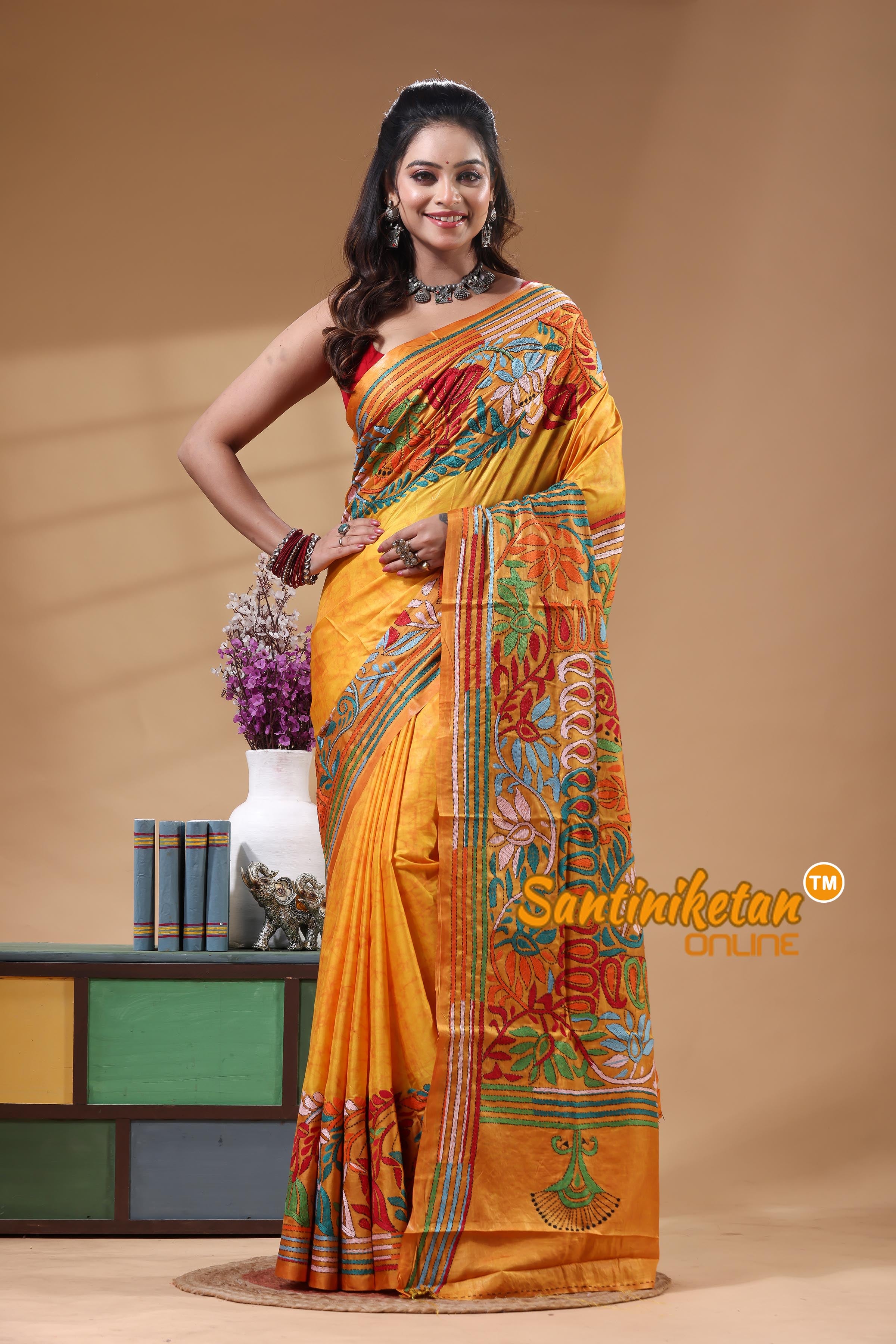 Bangalore Silk Batik Kantha Stitch Saree
