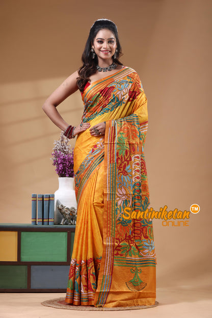 Bangalore Silk Batik Kantha Stitch Saree