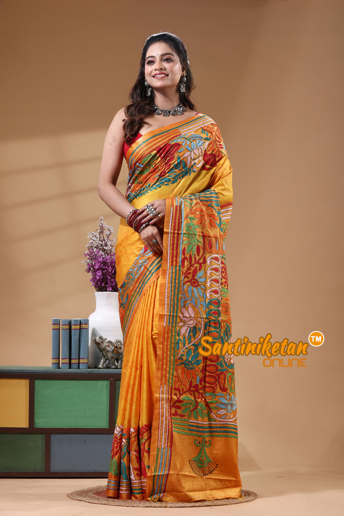 Bangalore Silk Batik Kantha Stitch Saree
