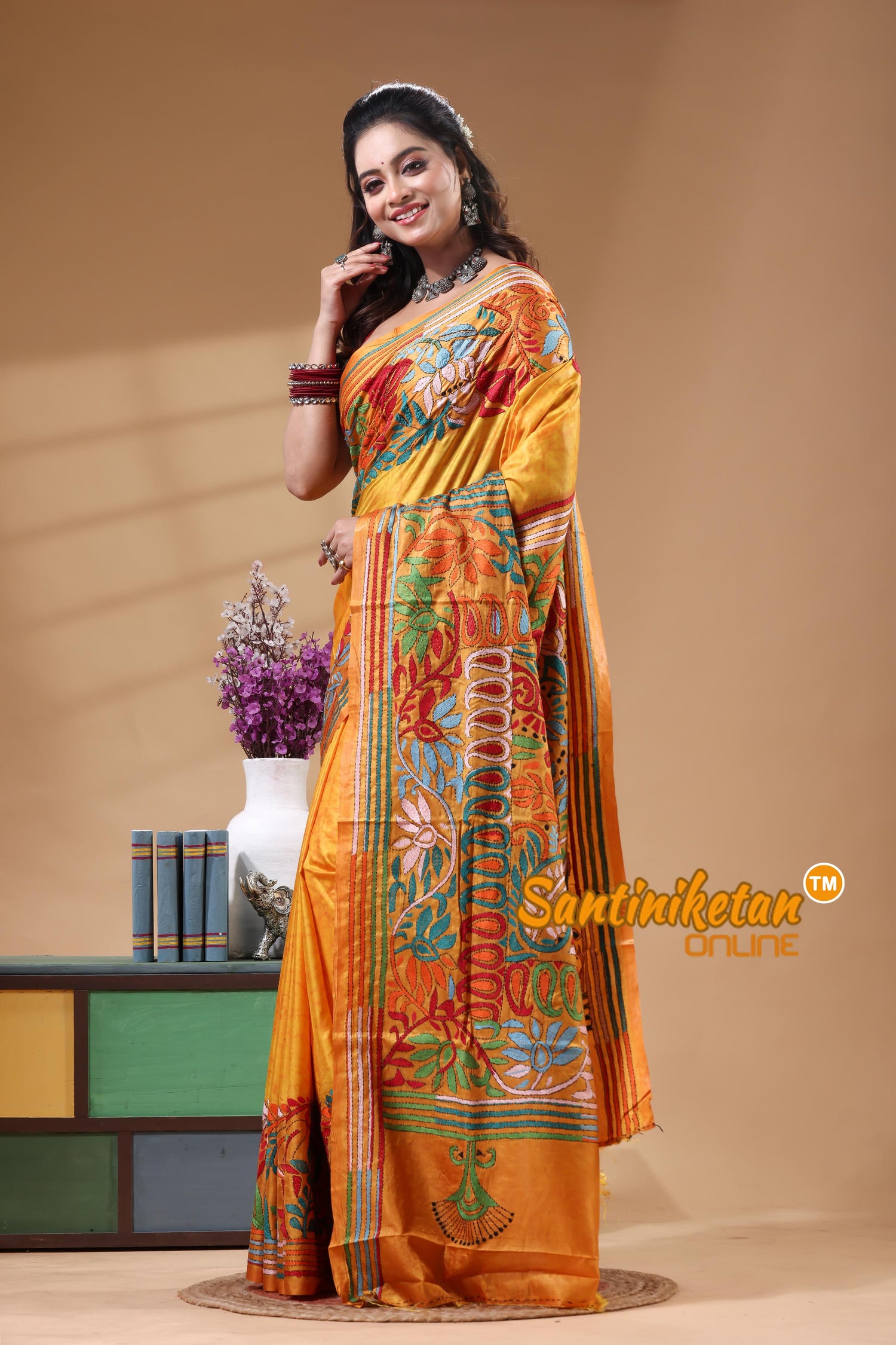 Bangalore Silk Batik Kantha Stitch Saree