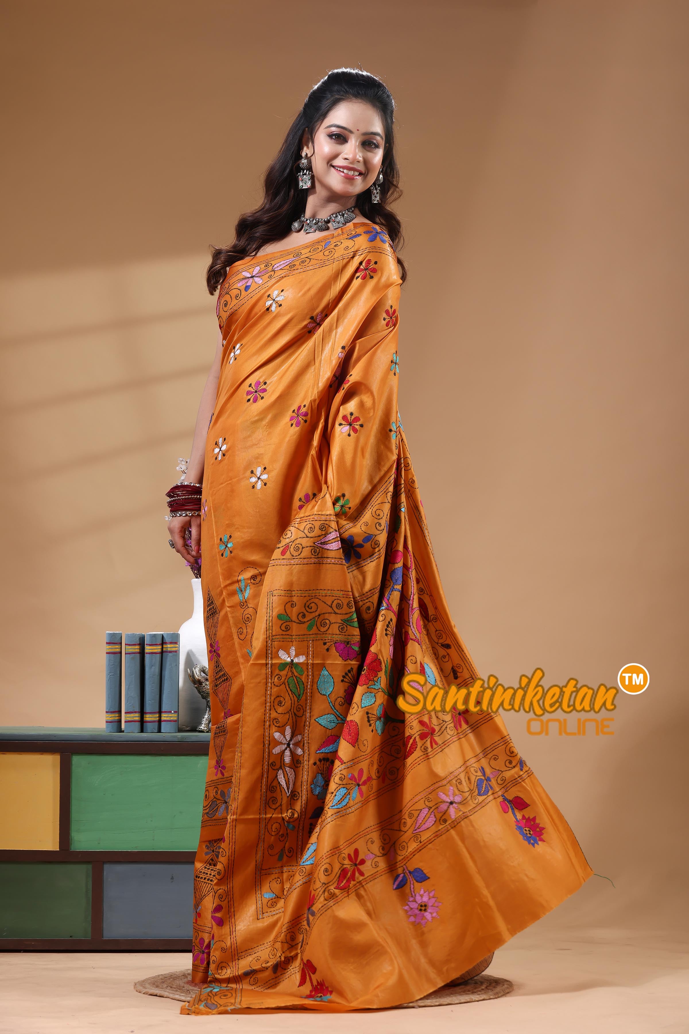 Bangalore Silk Kantha Stitch Saree