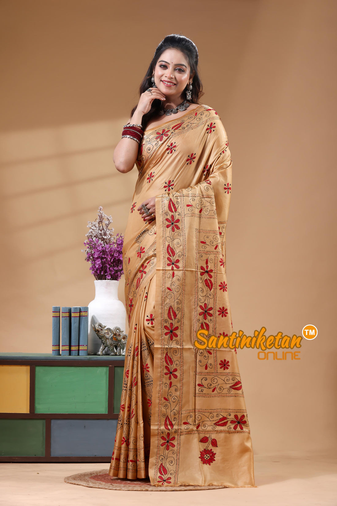 Bangalore Silk Kantha Stitch Saree