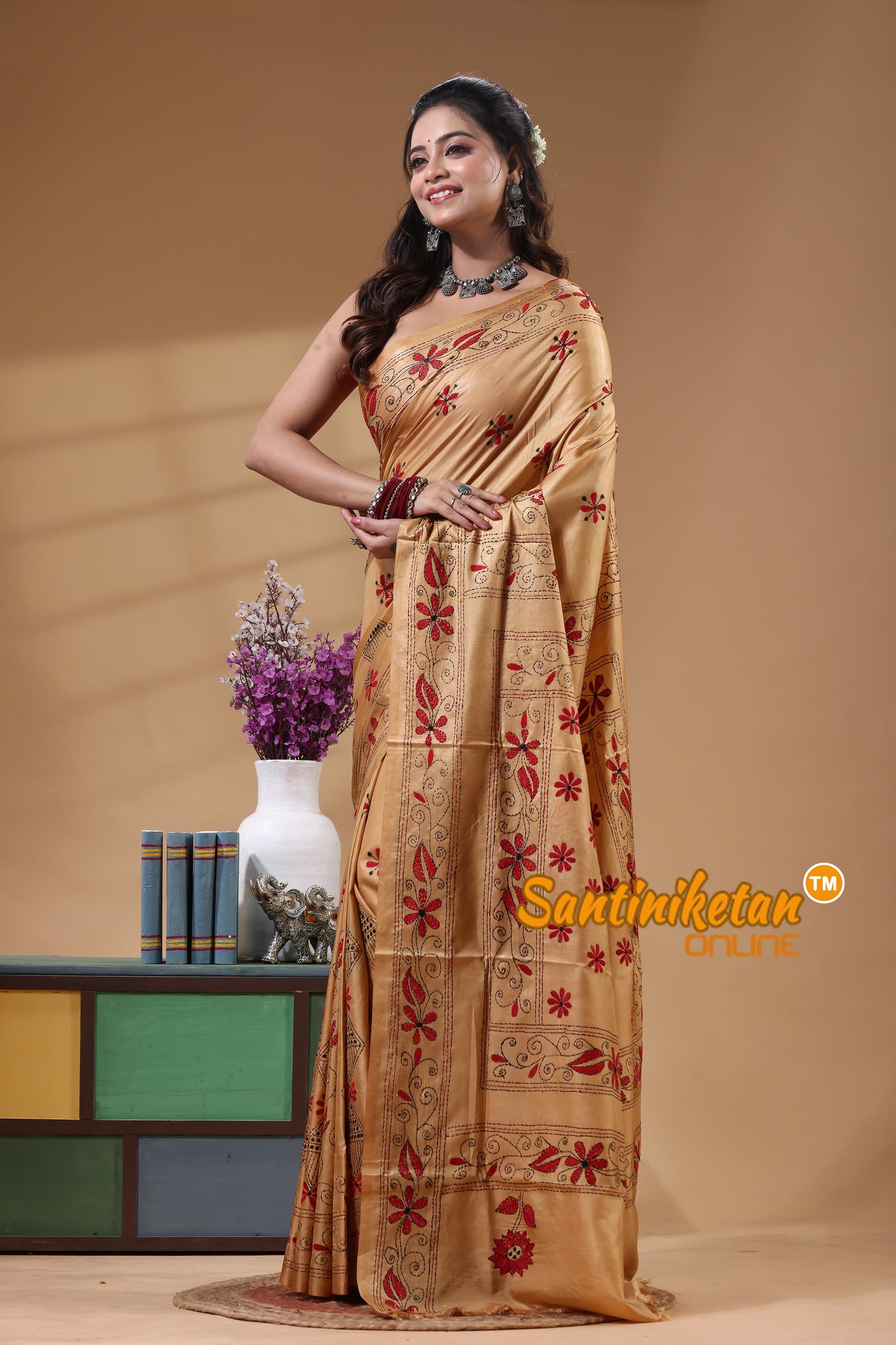Bangalore Silk Kantha Stitch Saree