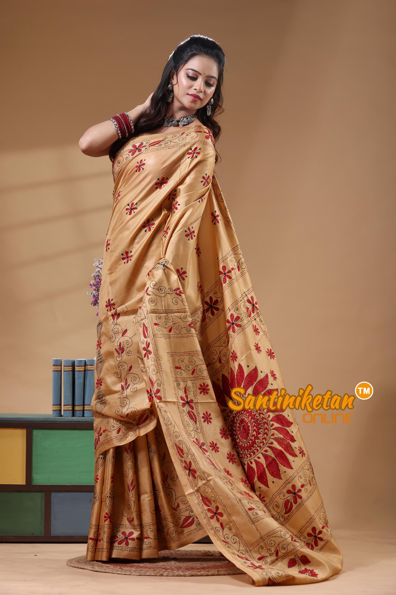 Bangalore Silk Kantha Stitch Saree