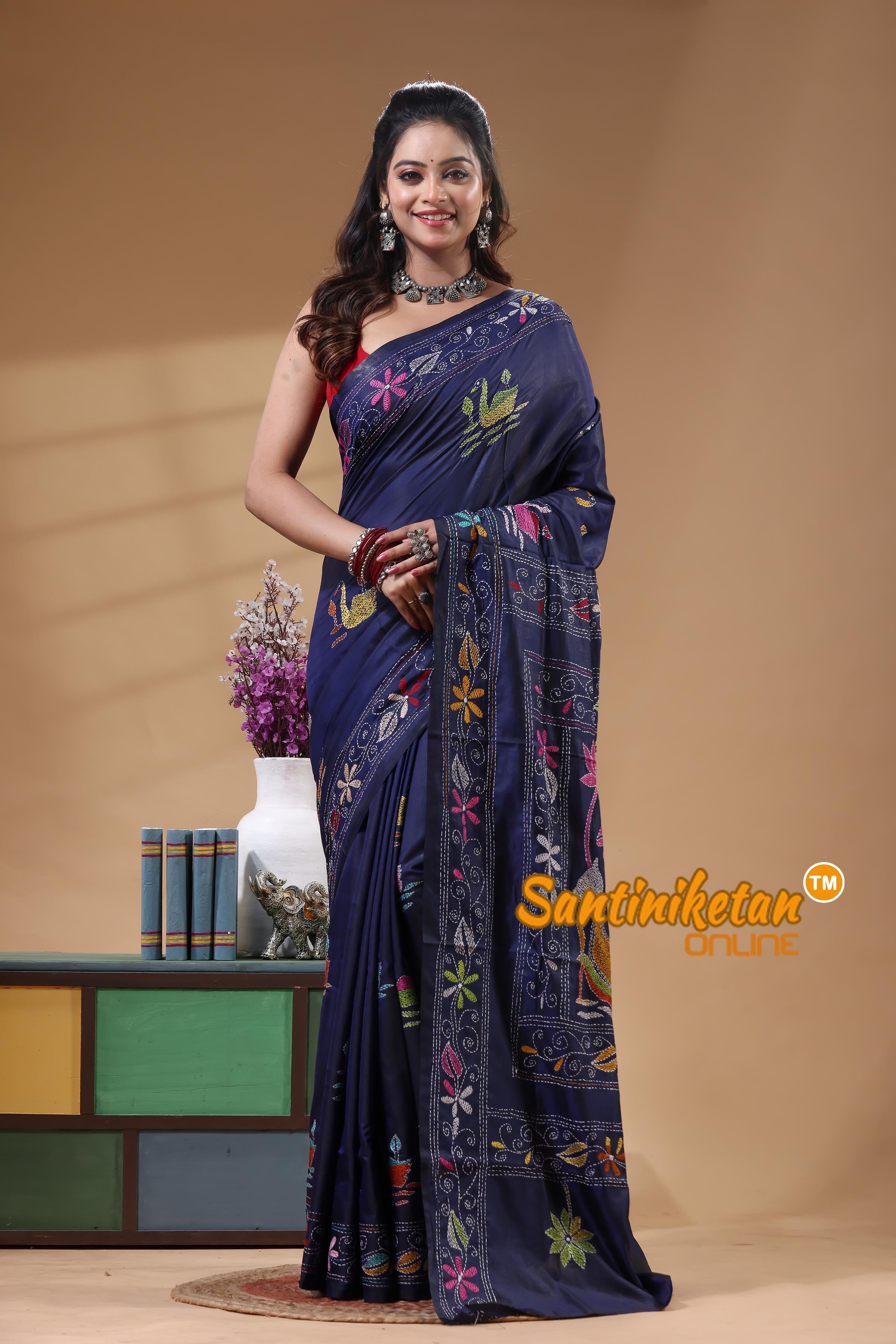 Bangalore Silk Kantha Stitch Saree