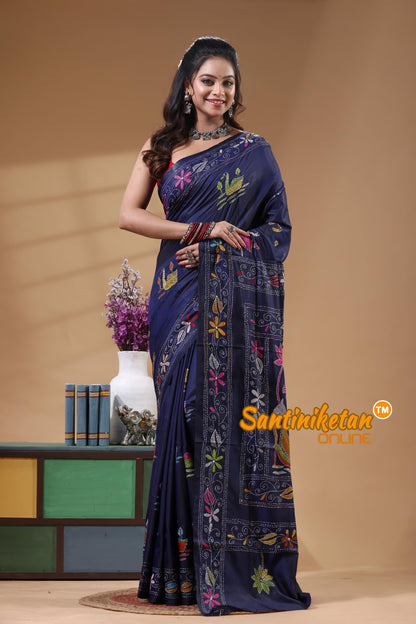 Bangalore Silk Kantha Stitch Saree
