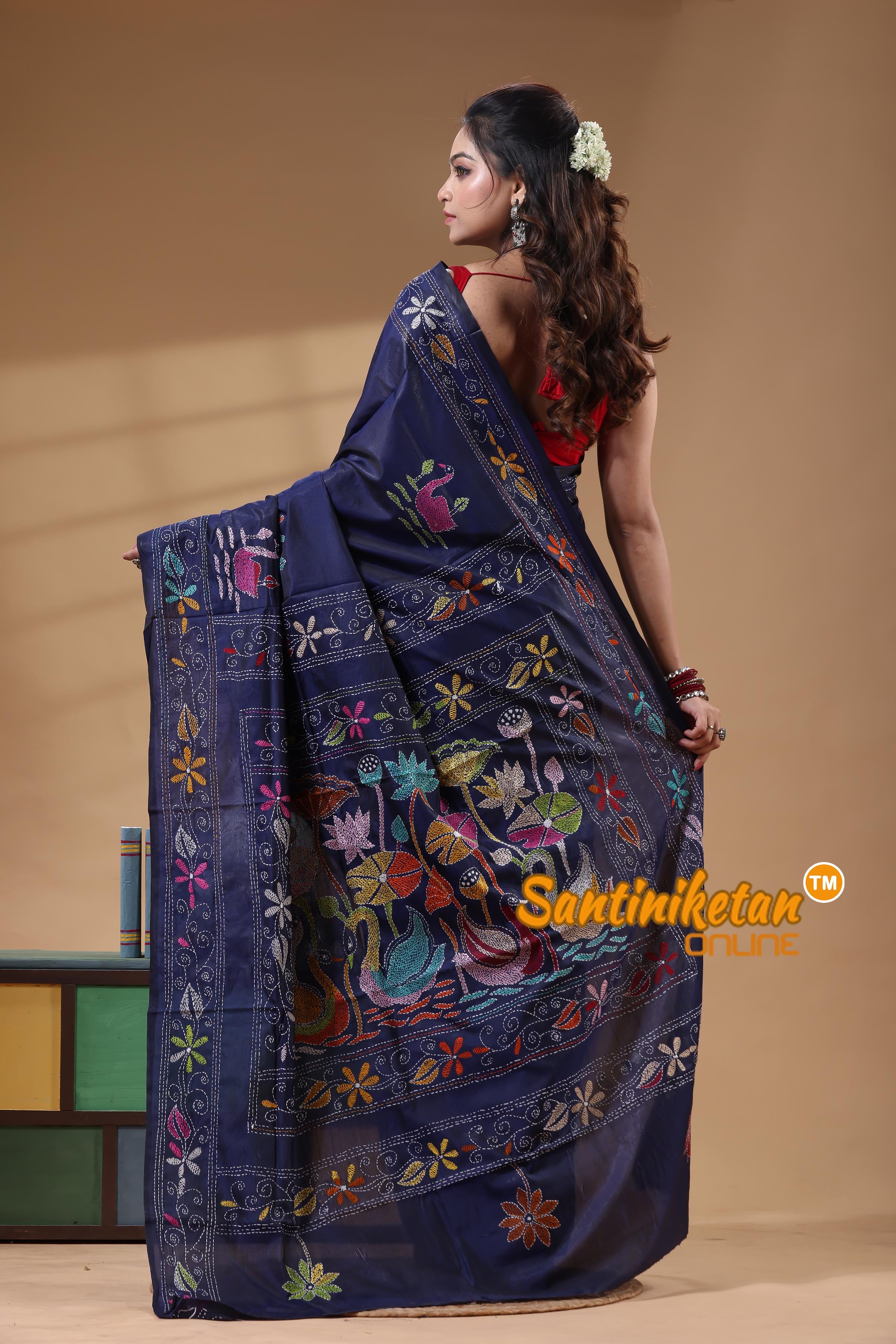 Bangalore Silk Kantha Stitch Saree