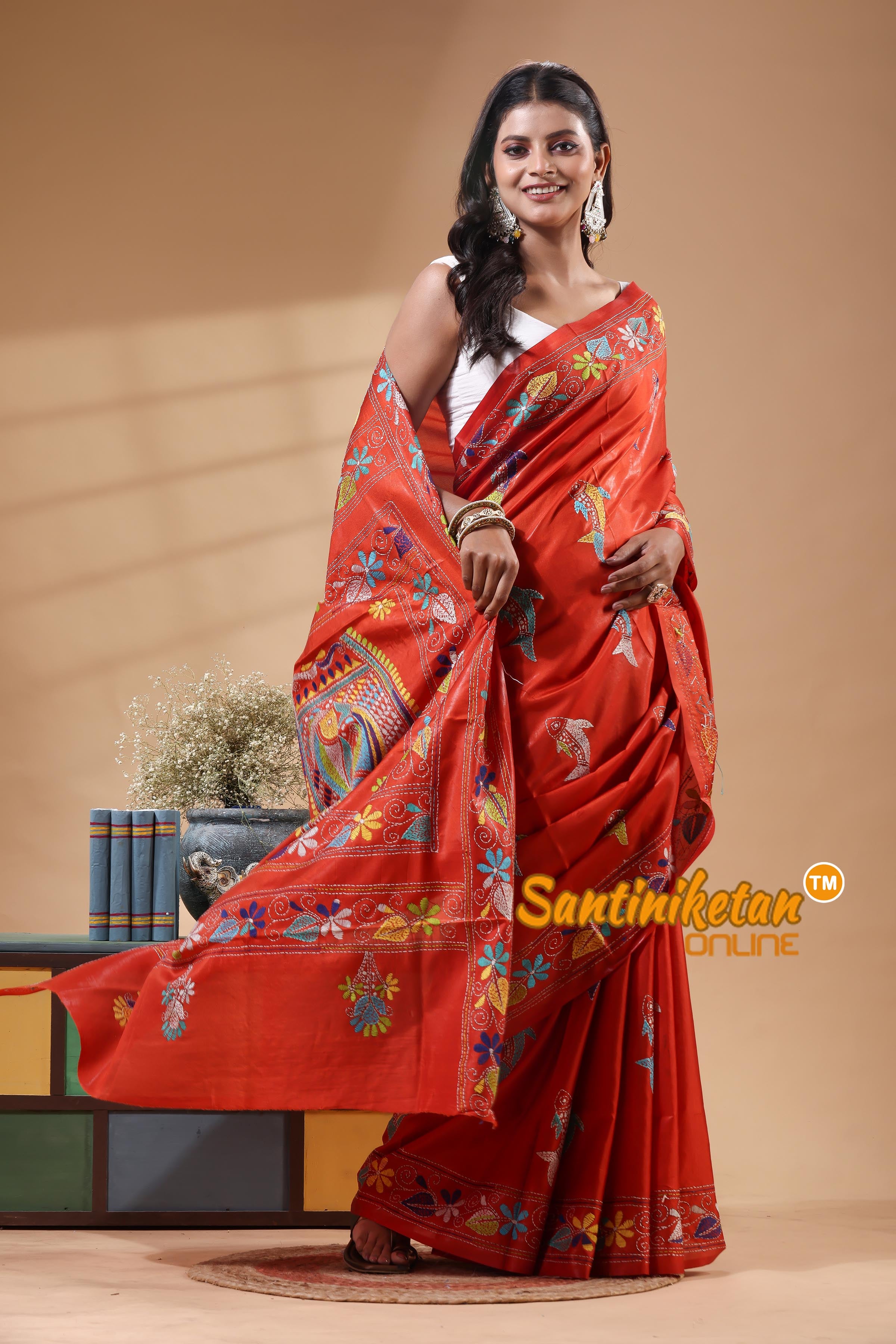 Bangalore Silk Kantha Stitch Saree
