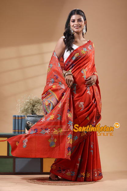 Bangalore Silk Kantha Stitch Saree