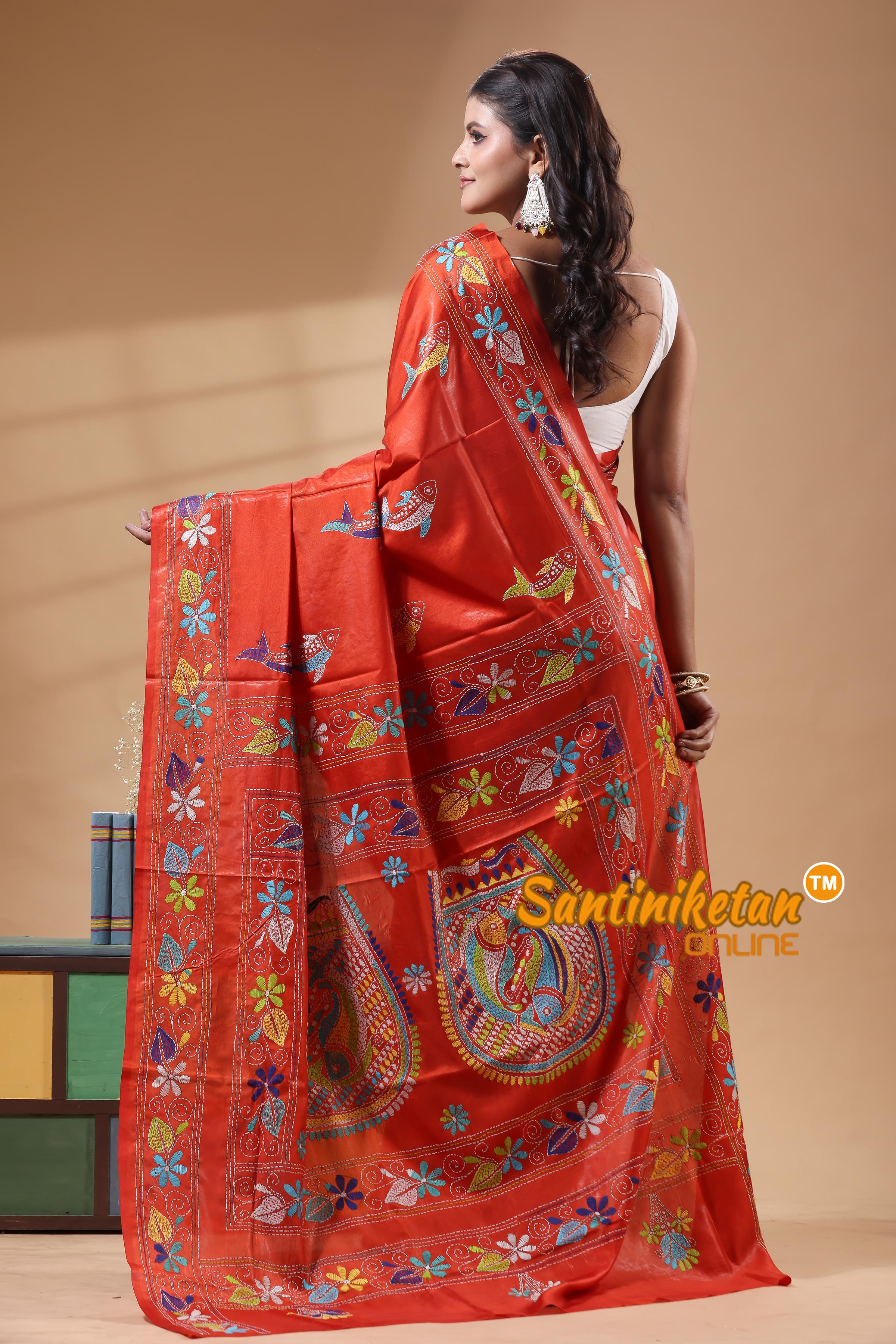 Bangalore Silk Kantha Stitch Saree