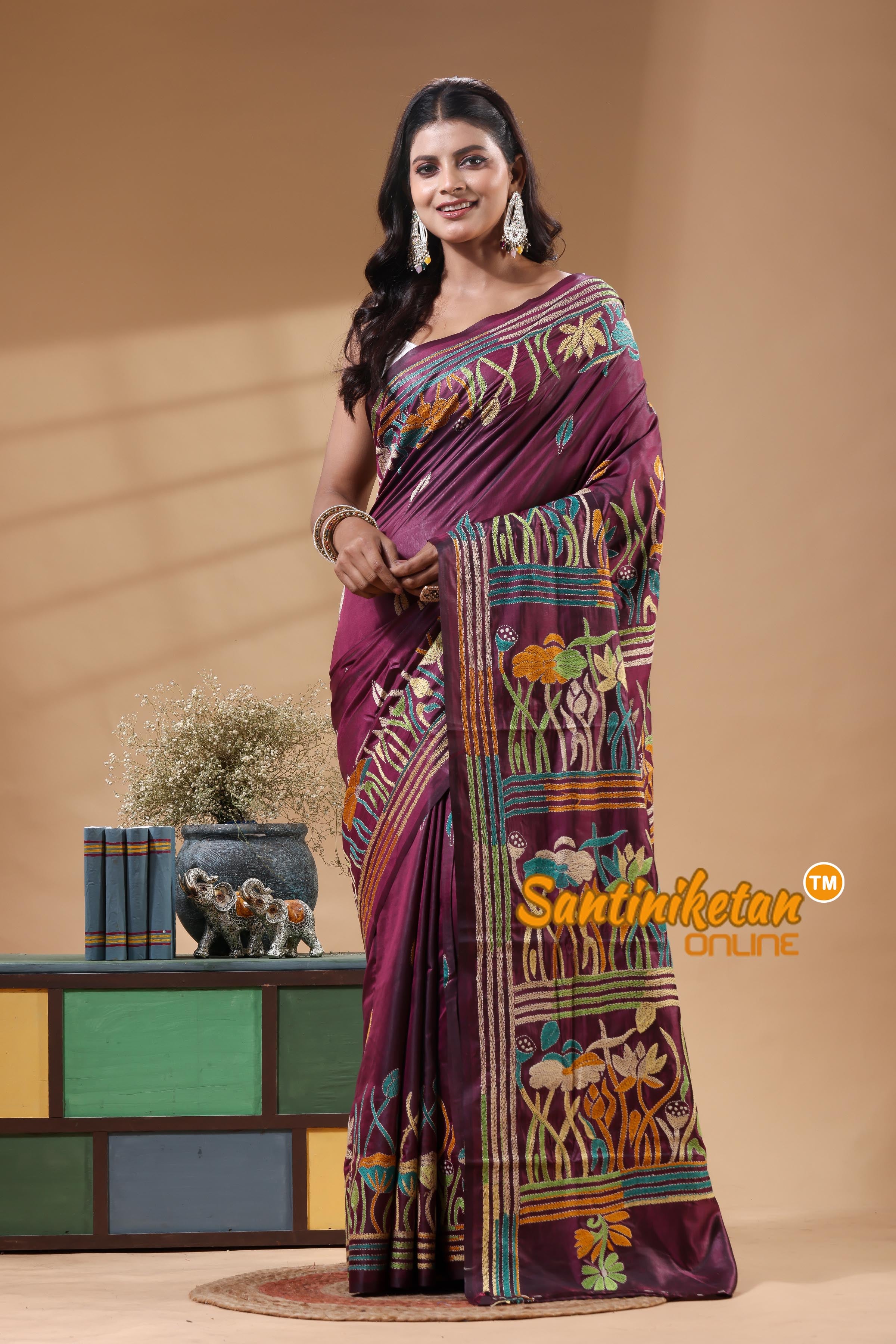 Bangalore Silk Kantha Stitch Saree