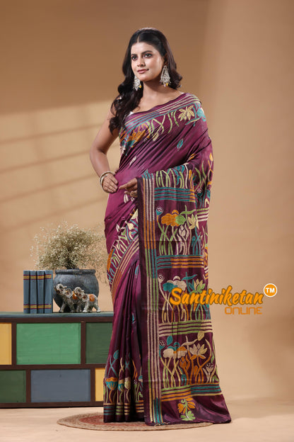 Bangalore Silk Kantha Stitch Saree